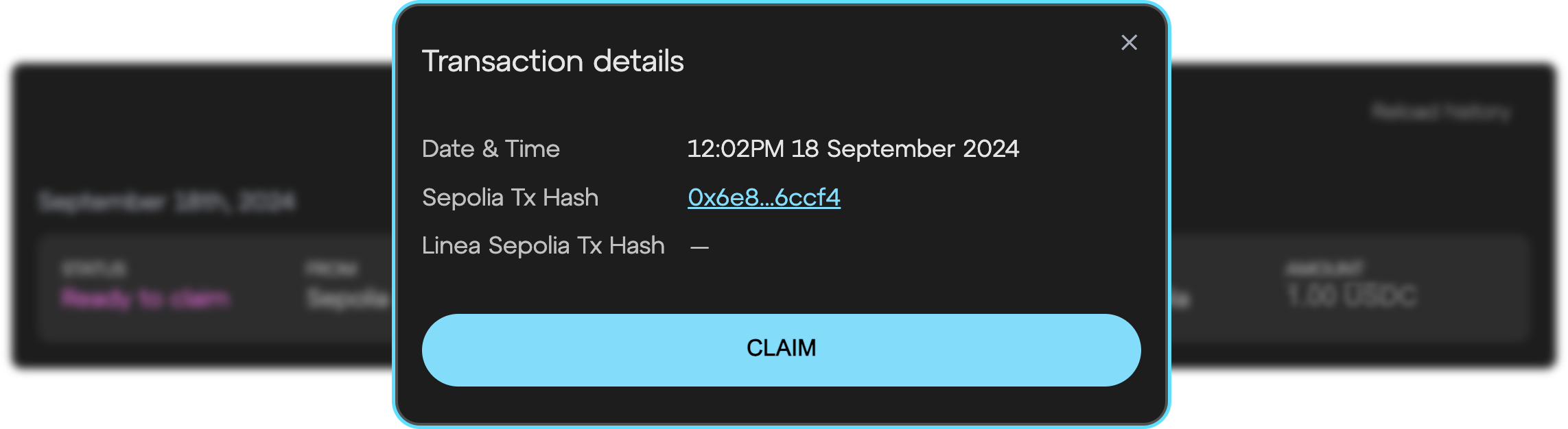 Linea Bridge ERC20 claim modal