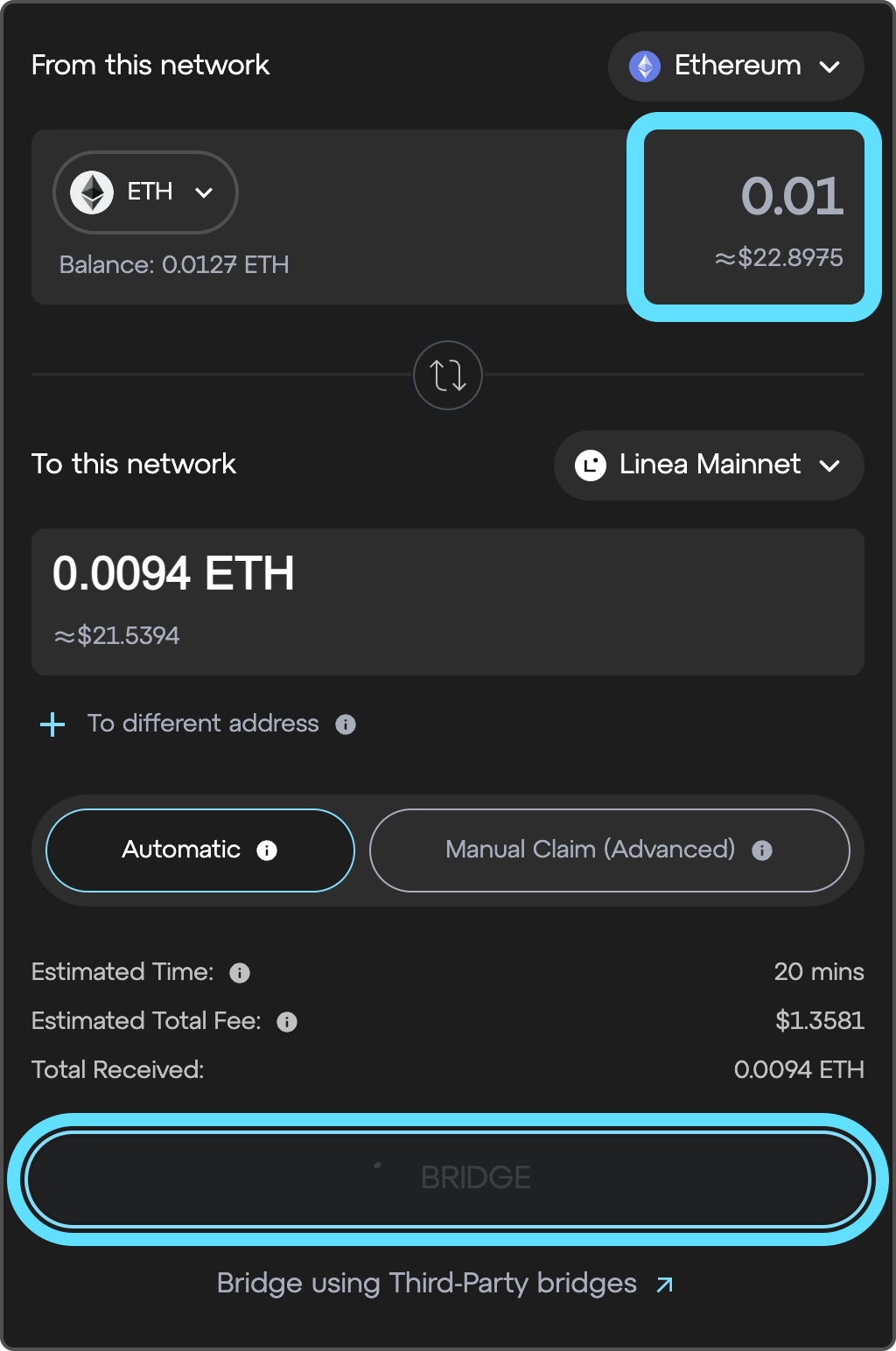 Linea Bridge automatic claim eth to linea amount