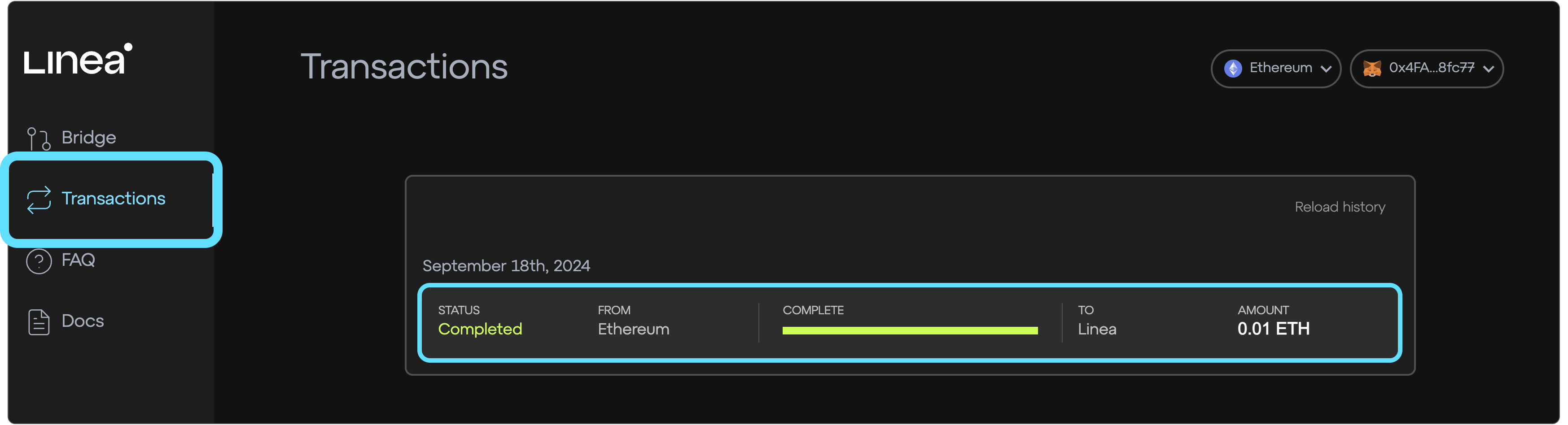 Linea Bridge automatic claim eth to linea completed