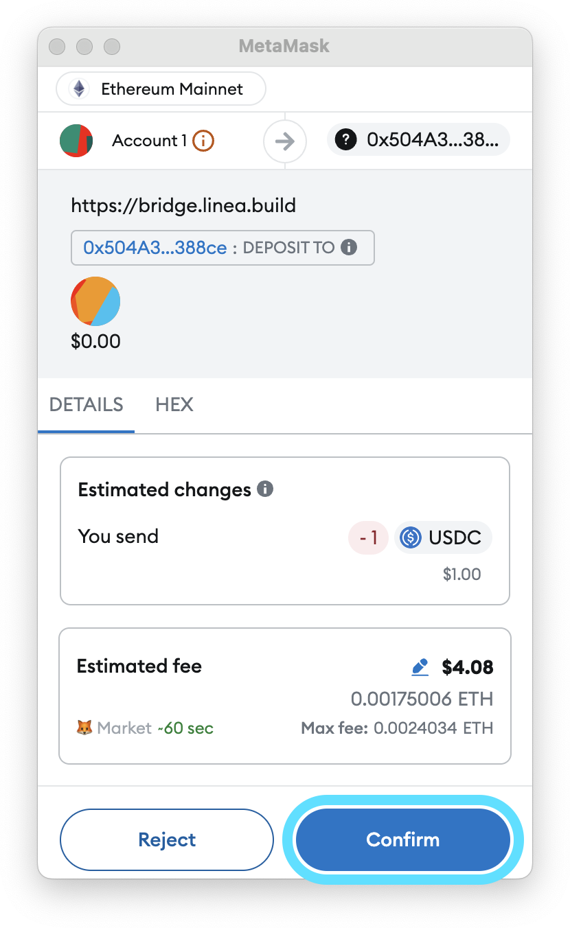 Linea Bridge confirm ERC20 token MetaMask