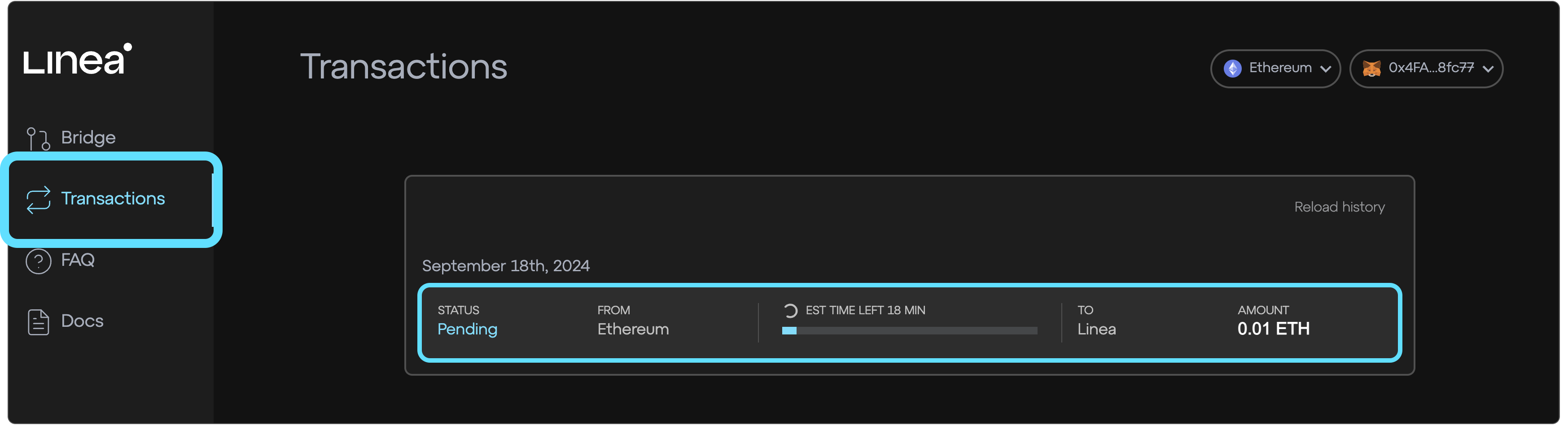Linea Bridge eth to linea pending