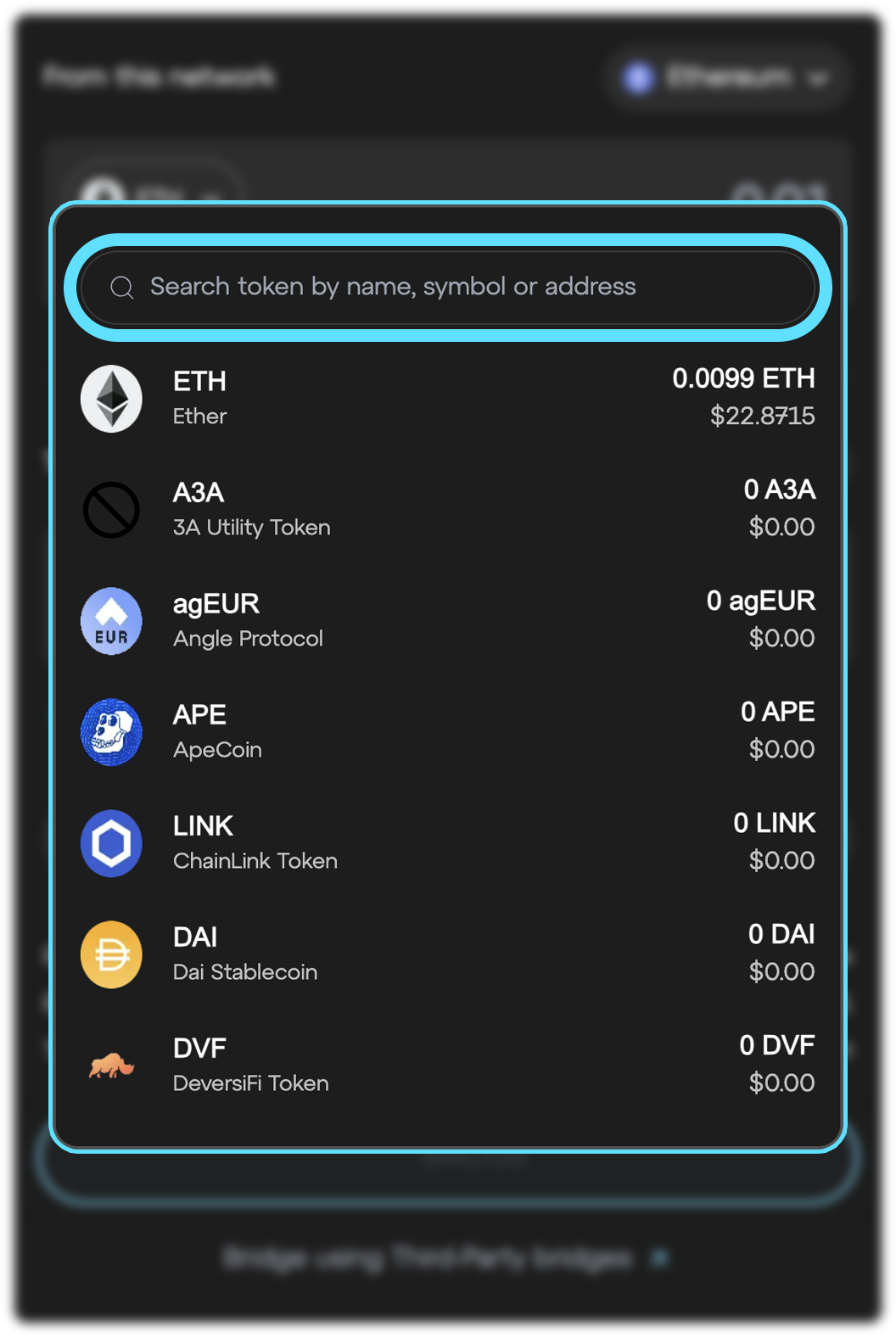 Linea Bridge select token list