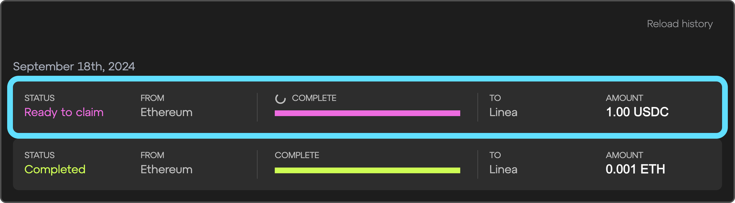 Linea Bridge transactions tab ready to claim