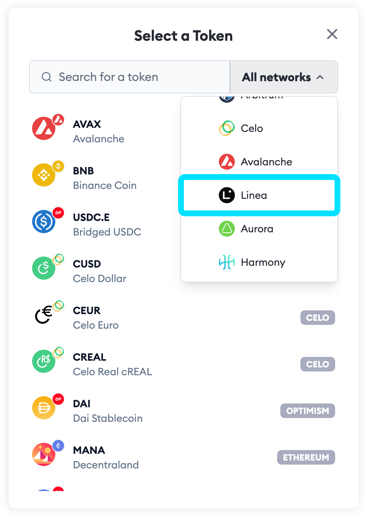 MetaMask Portfolio select token