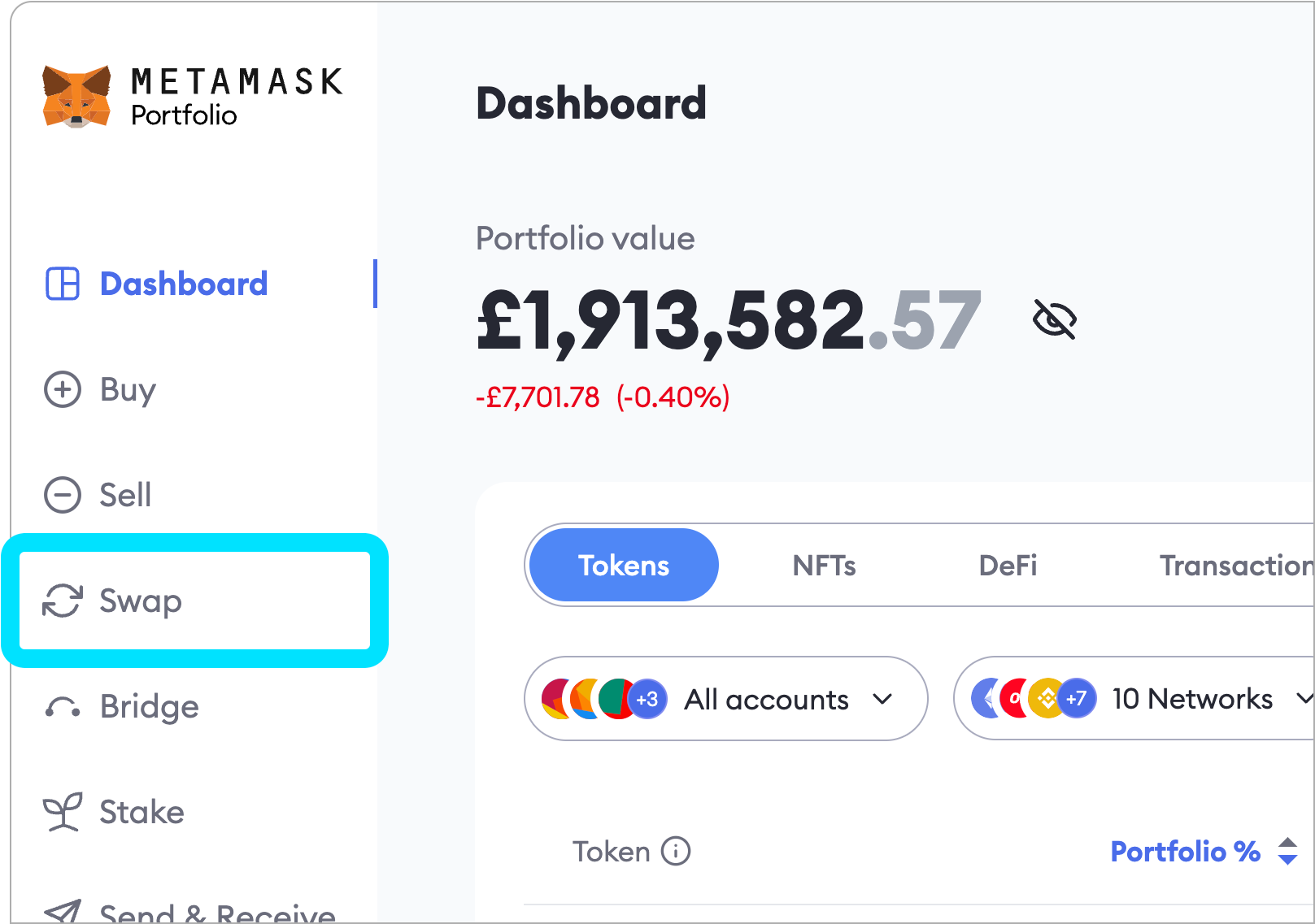 MetaMask Portfolio swap tab desktop