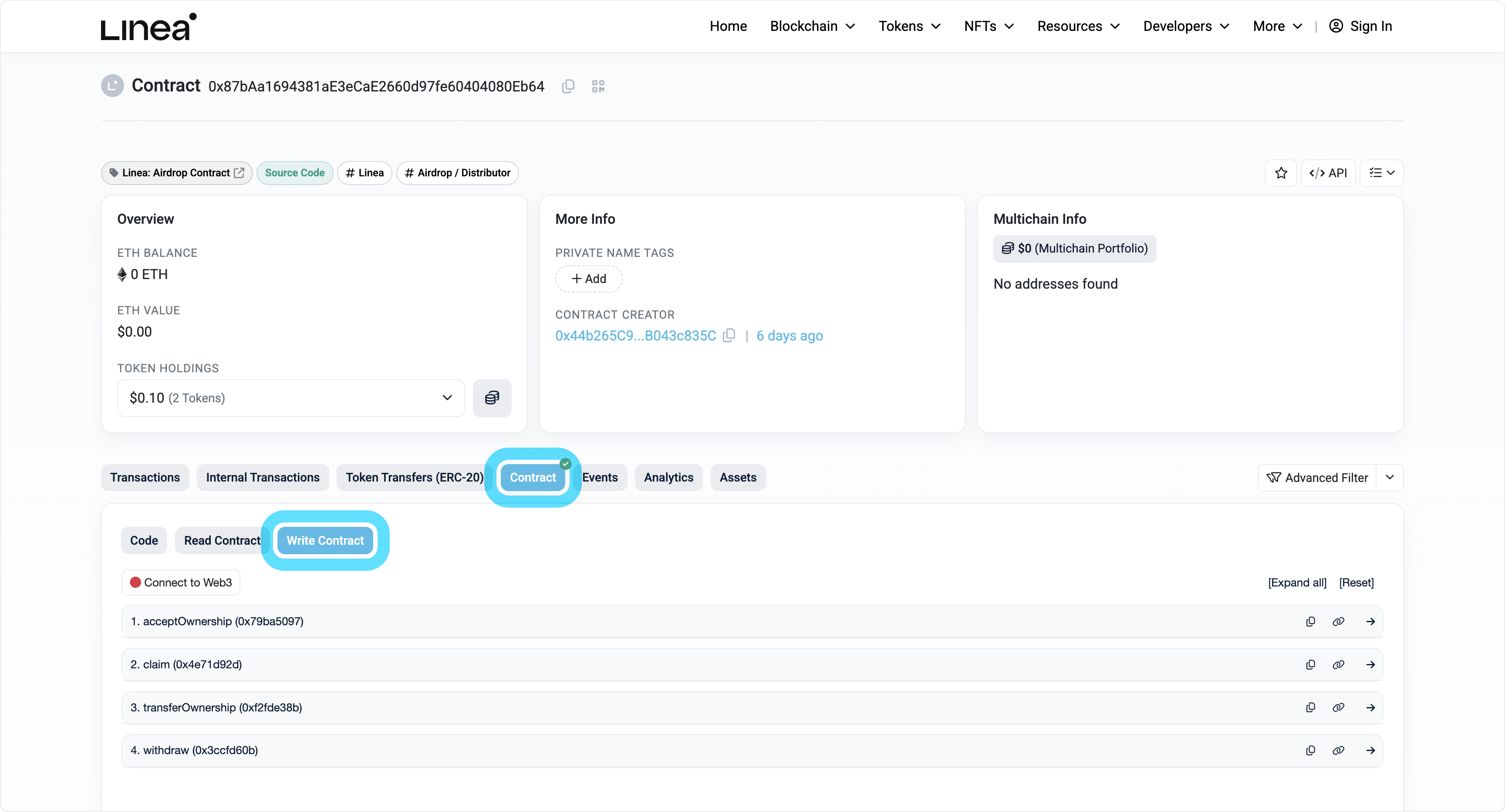 Linea airdrop contract locate write contract tab